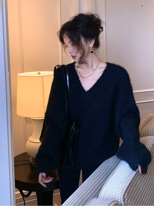 Soft V-Neck Sweater & Flared Denim Set