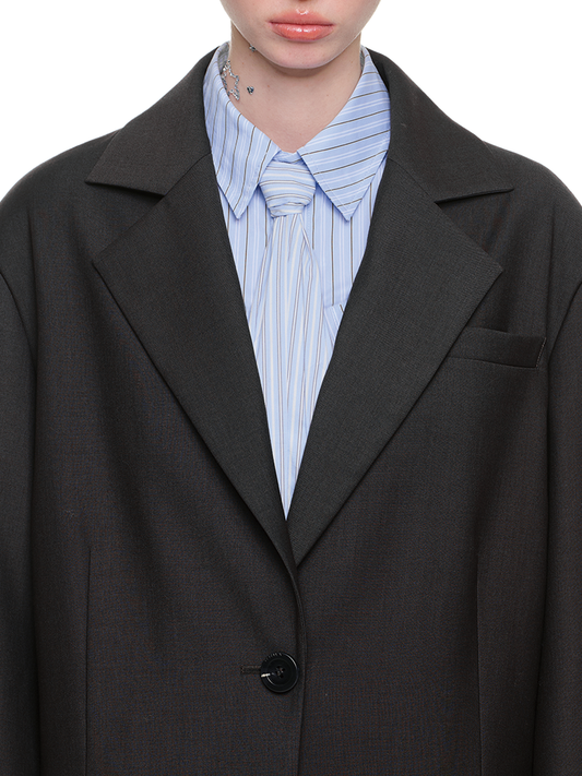 Loose-Fit Grey Blazer – Vintage Wide-Shouldered Single-Breasted Design