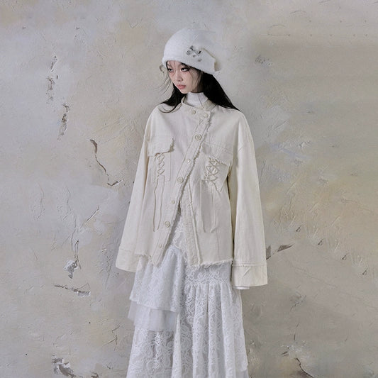 White Gardenia Jasmine Asymmetric Jacquard Long Dress