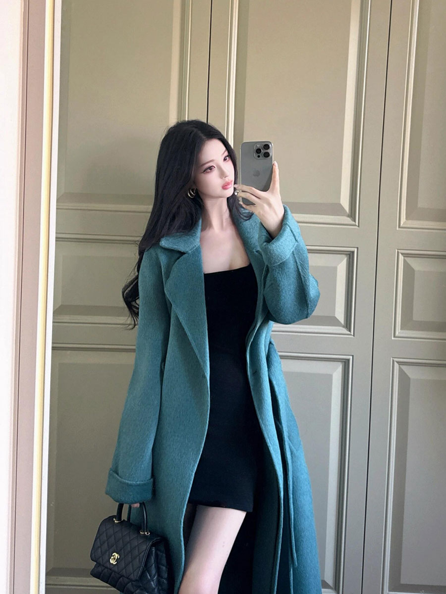 Blue Reversible Cashmere Coat – Long Celebrity Scarf Collar Wool Jacket