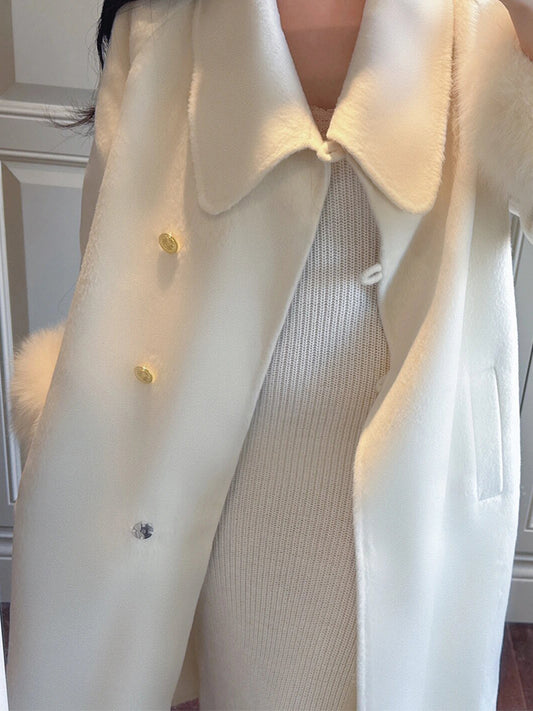 Luxe Woolen Coat – White Fox Fur Mid-Length Cashmere Elegance