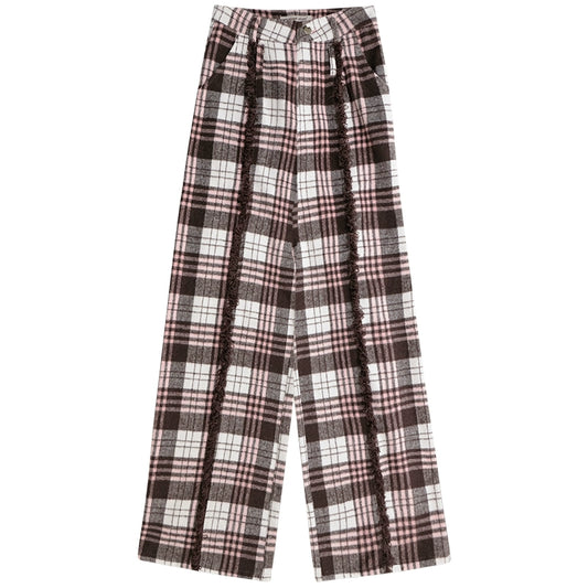 Pantalon en laine à carreaux marron rétro | Taille haute, jambes larges, style automne/hiver