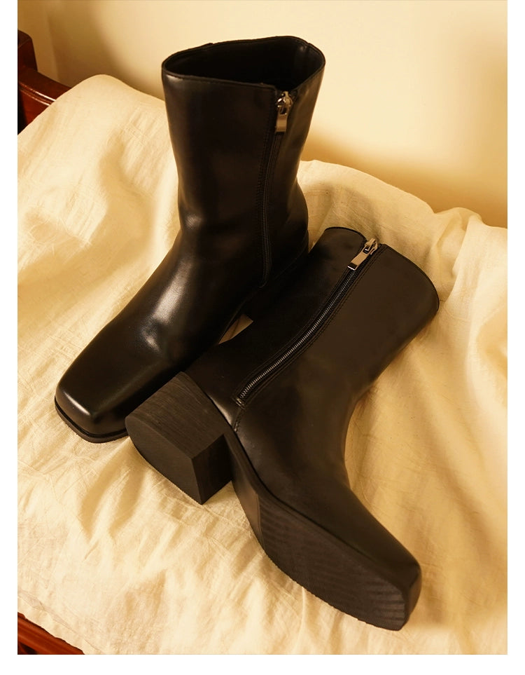 Retro Square-Toe Leather Mid-Calf Martin Boots – 4CM Block Heel