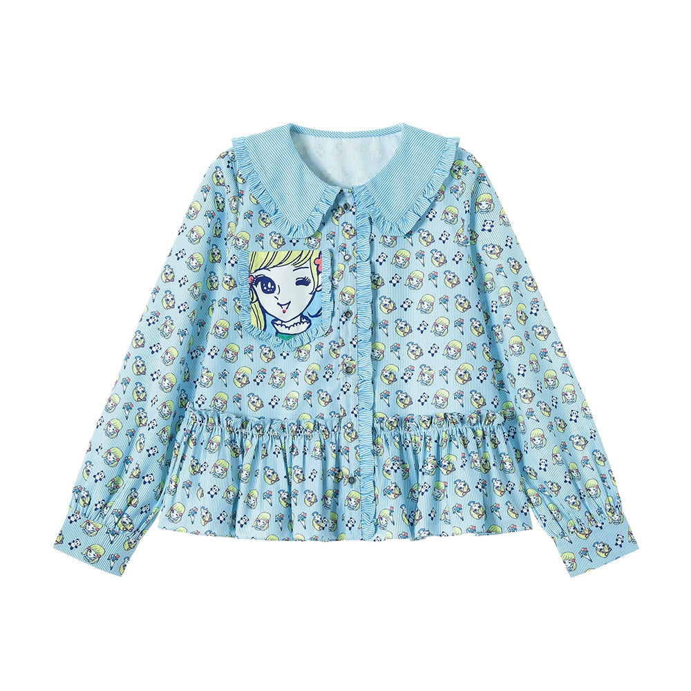 Stripe Girl Cartoon Ruffle Shirt
