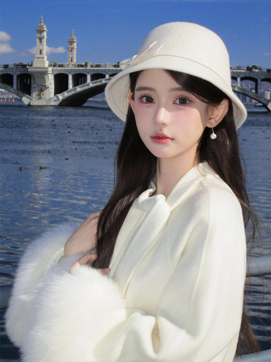 Luxe Reversible Cashmere Coat – Chic Short Tweed Fox Fur Cape