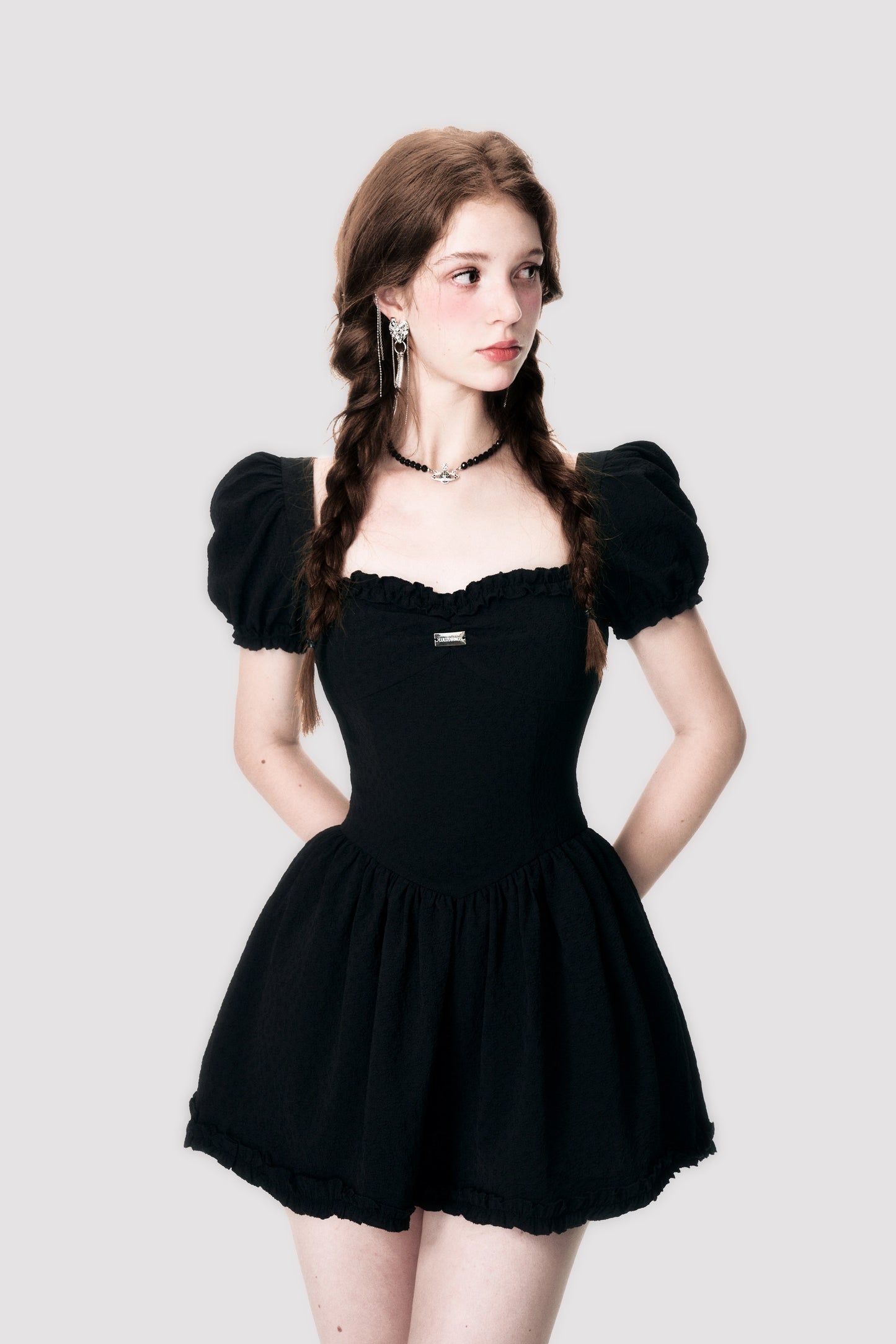 French Black Bubble Sleeve Dress