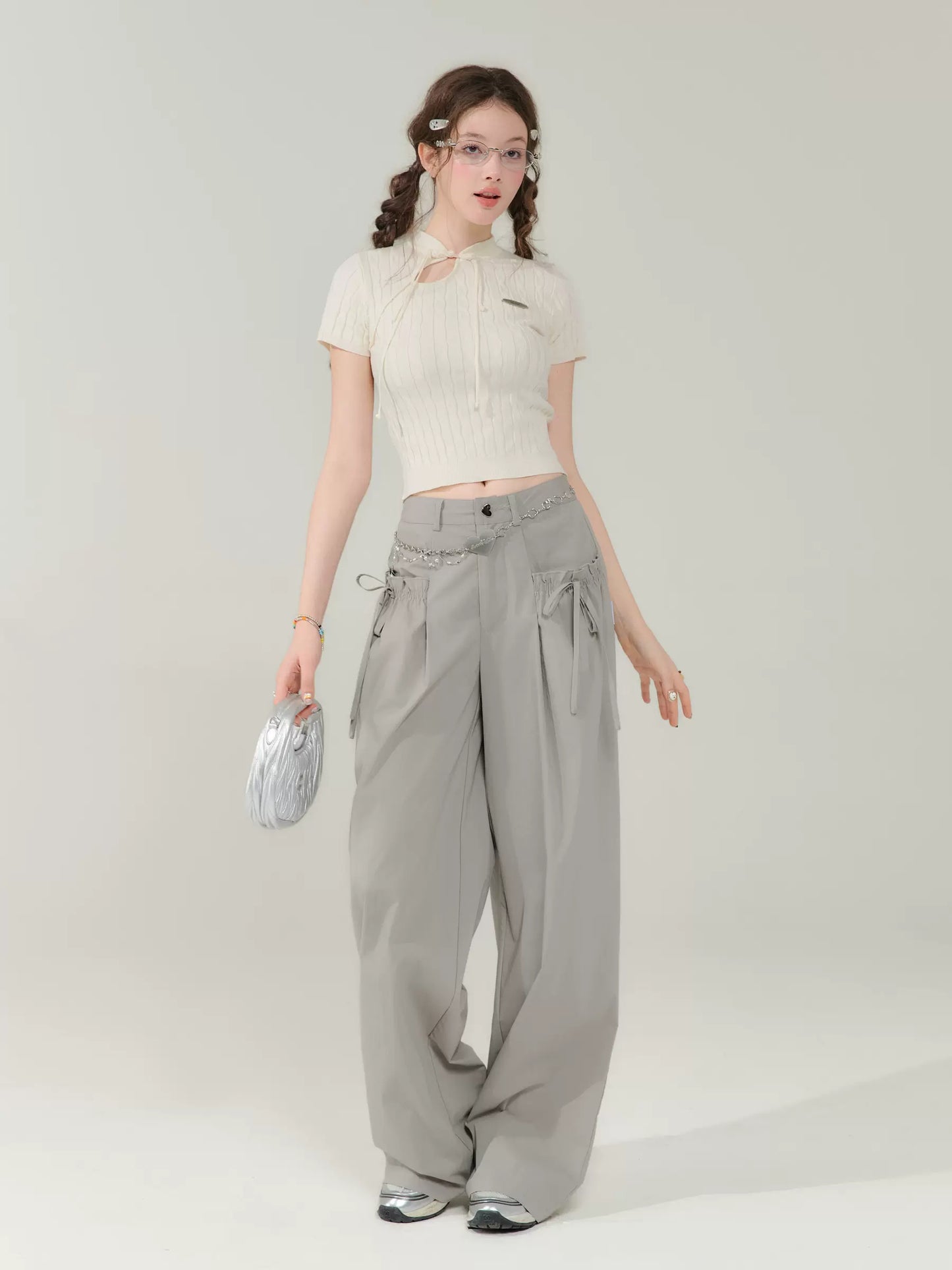 Pantalon à jambes larges gris rétro | Taille haute, coupe slim, style décontracté d’été