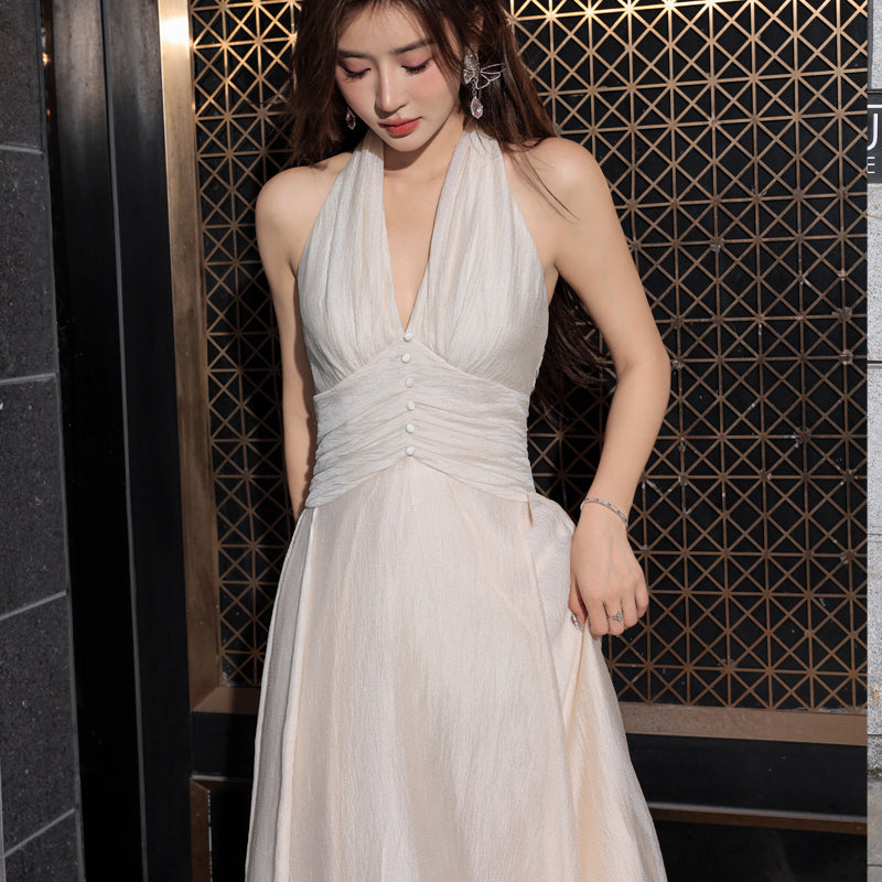 V-neck Hanging Neck Wrapped Waist Dress by Beauty Comes