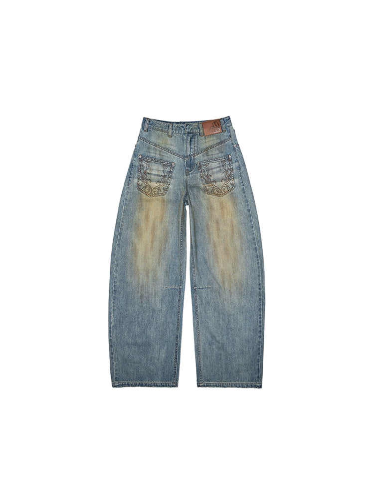 Clay-Dyed Blue Distressed Embroidered Jeans – Deconstructed Low-Rise Fit