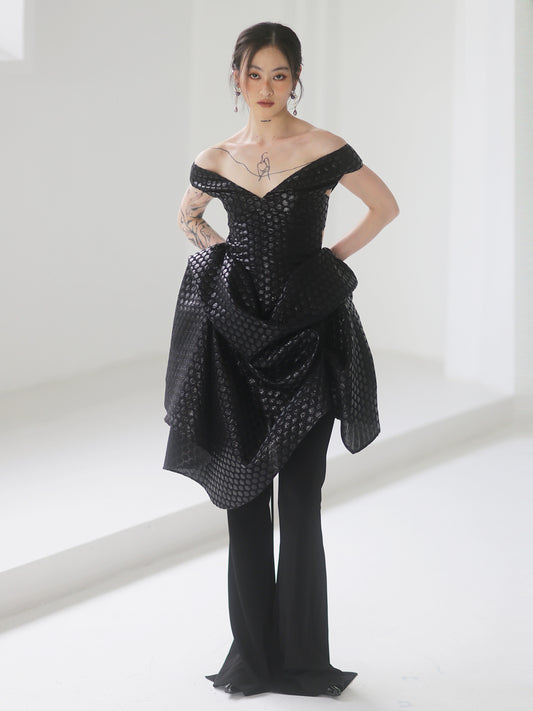 Lightweight Jacquard Polka Dot Black Swan Dress