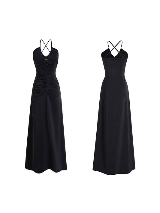 Black Satin Cross Neck Dress - Annie Ball