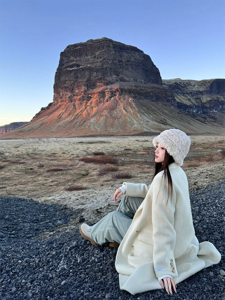 White Double-Sided Cashmere Coat – Hepburn-Style Long Blazer