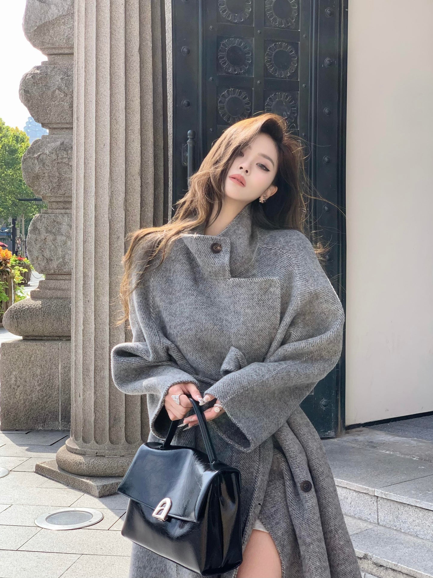 Grey Double-Faced Cashmere Coat – Luxury Mid-Length Stand Collar Jacket