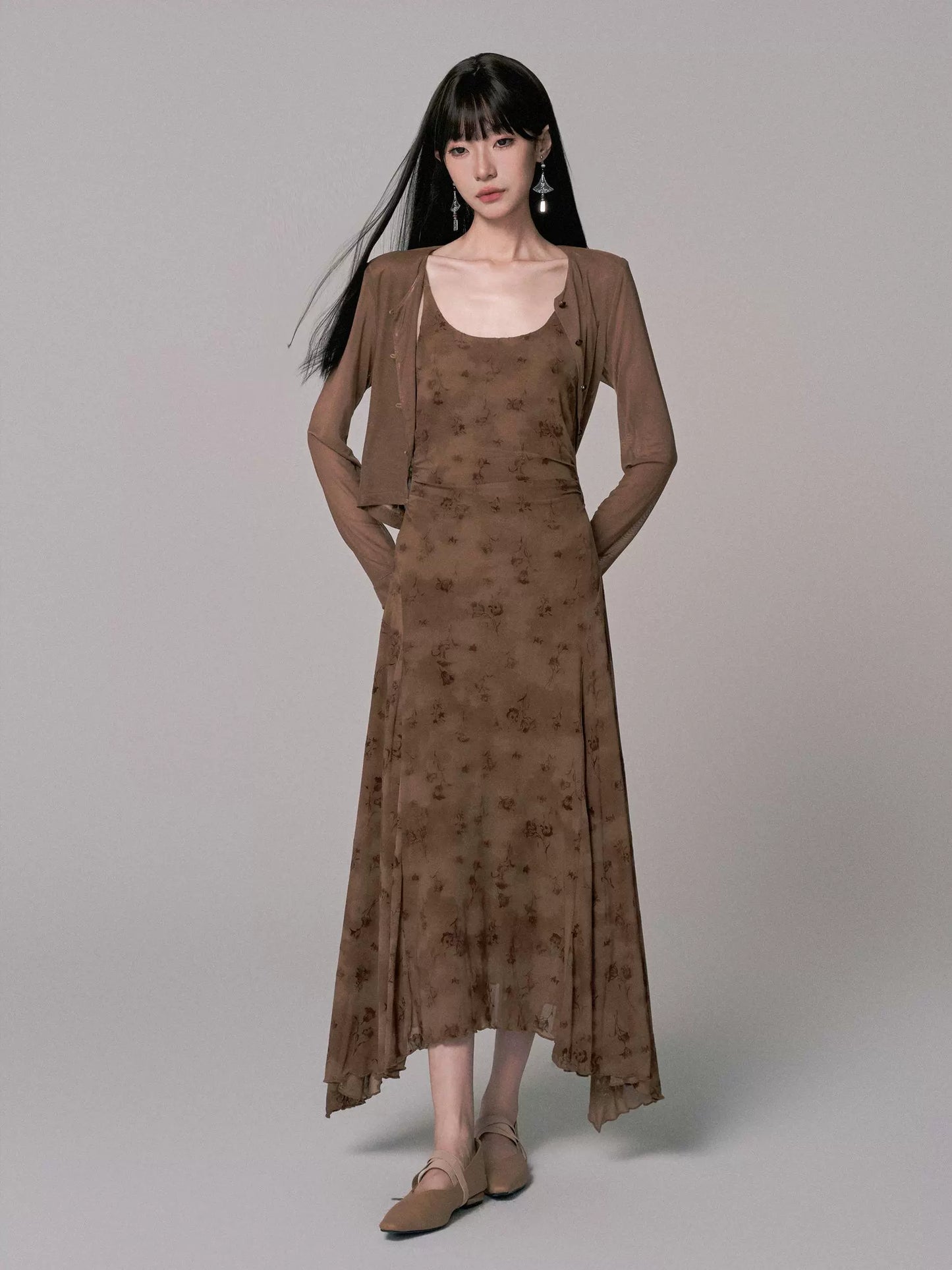 U-Neck Knitted Cardigan Dress Two-Piece Set for Women