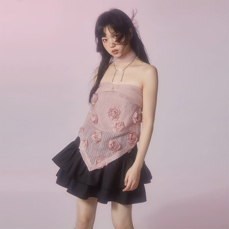 Spring/Summer Pink Rose Lace Spliced Mesh Bra Top