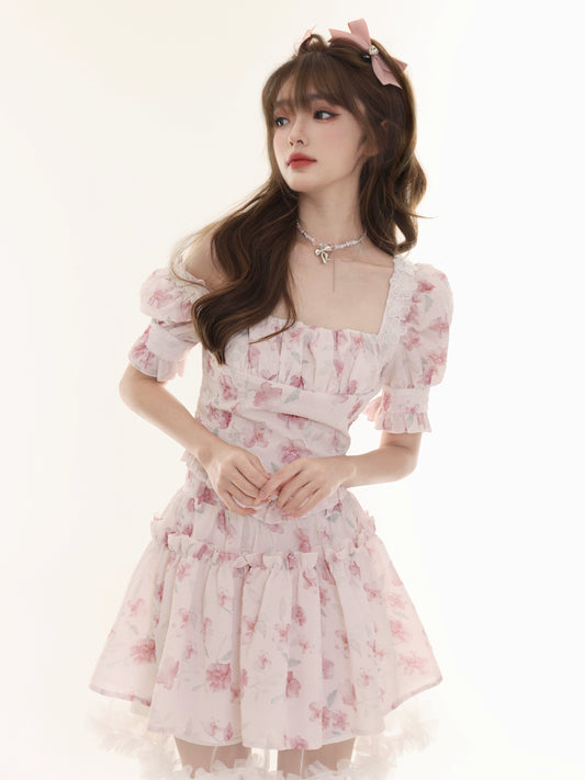 Sweet Square Neck Short Fluffy Skirt Set