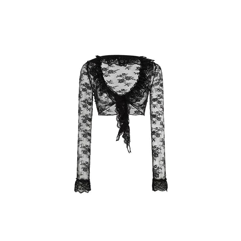 Ultra-Cropped Lace Cardigan – Fitted and Skin-Friendly with Hazy Texture