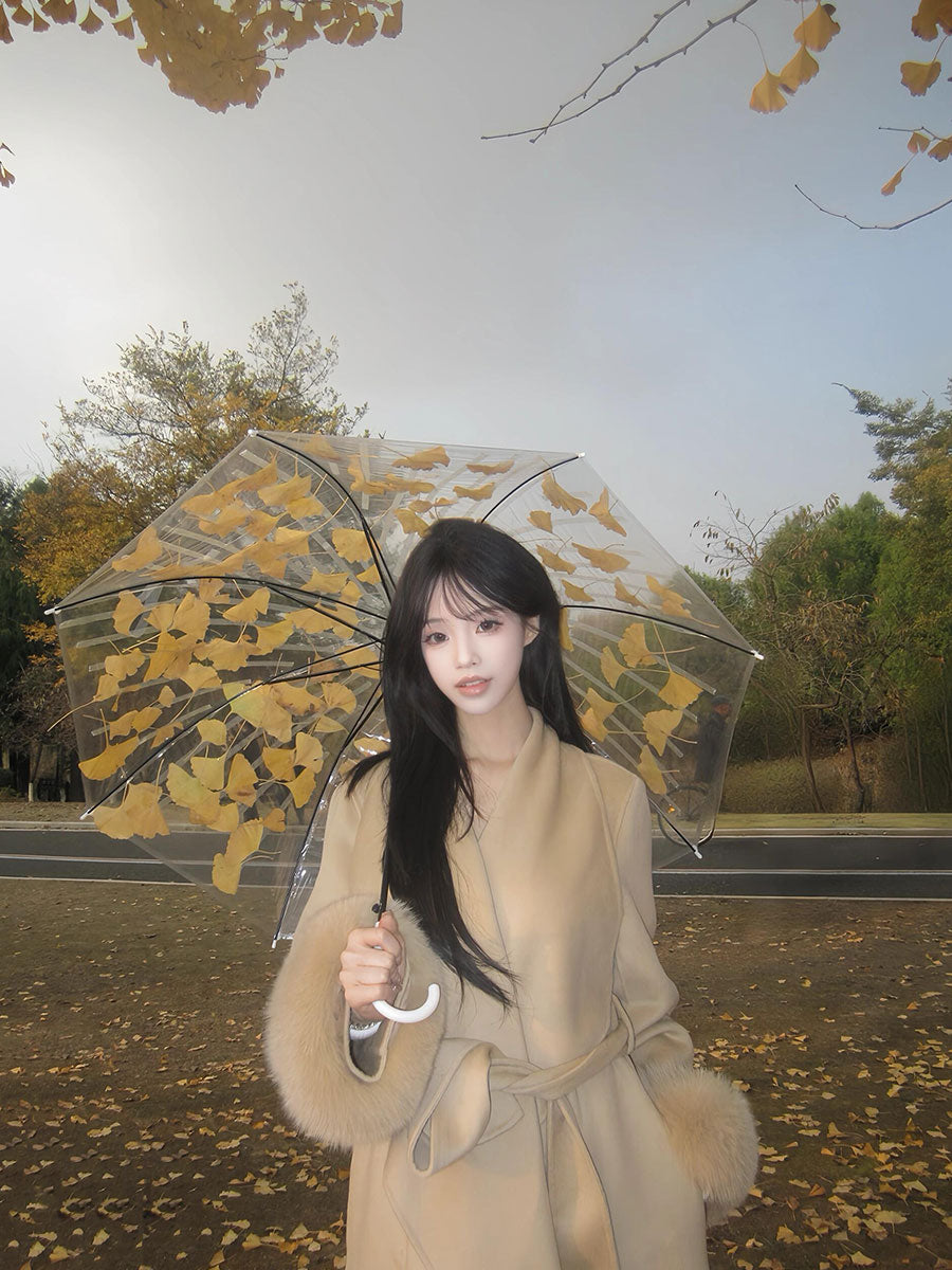 Golden Double-Faced Cashmere Coat – Winter Fox Fur Cuff Woolen Jacket