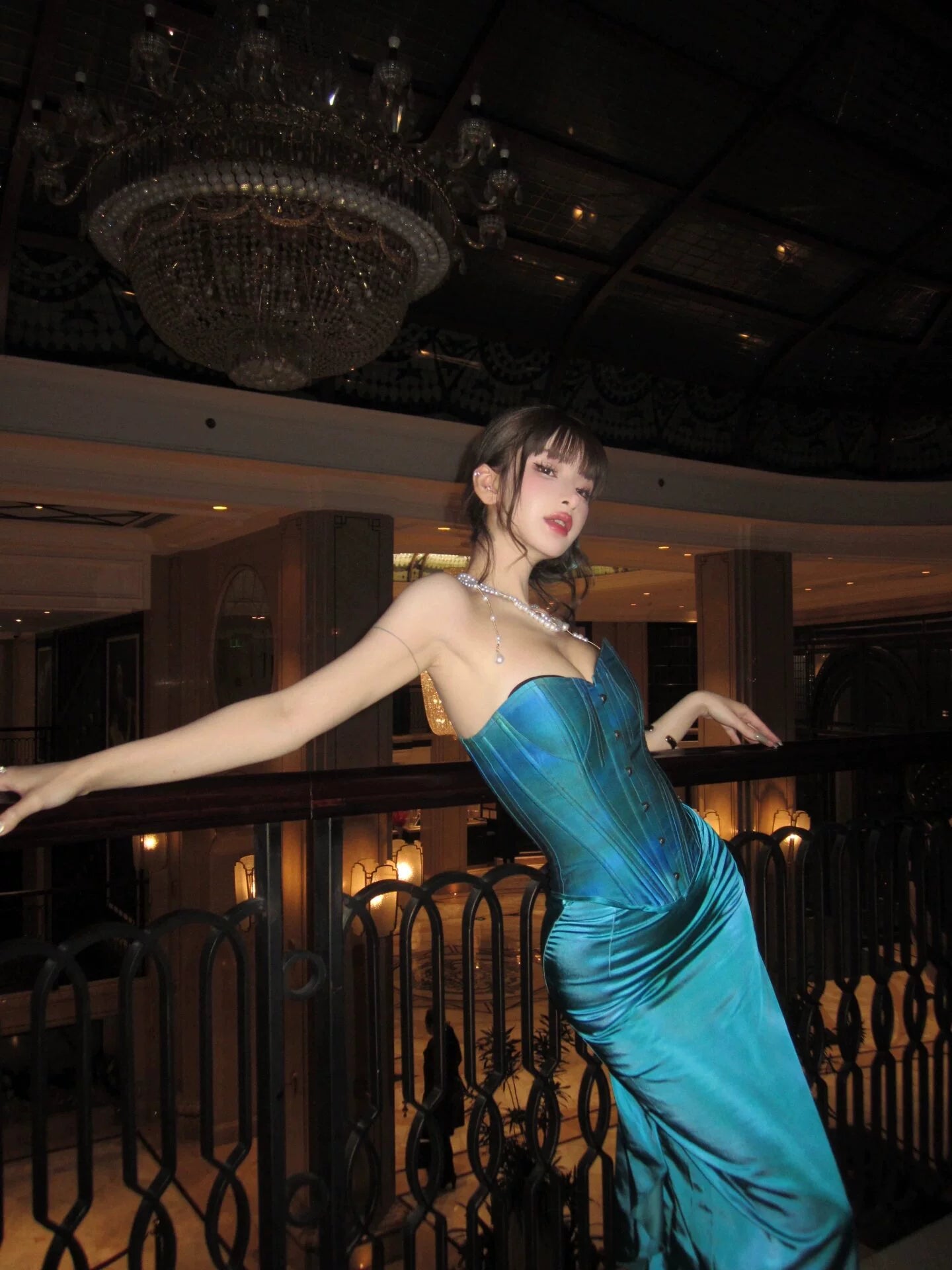 Blue Herringbone Bandeau Gown – Light Luxury New Year & Engagement Look