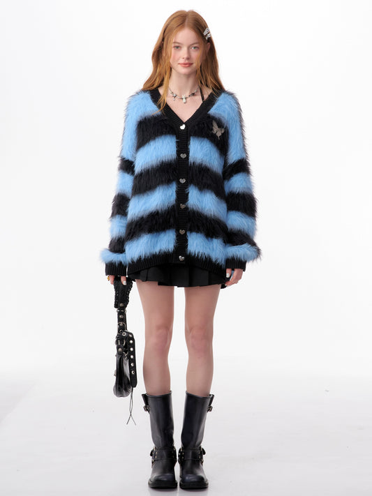 Cardigan pull rayé bleu-noir | Style paresseux rétro doux et épais pour l'automne/hiver