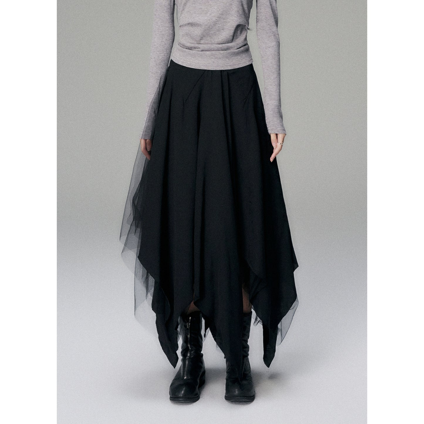 Heavy Mesh Gauze Skirt with Irregular High-Waist Design