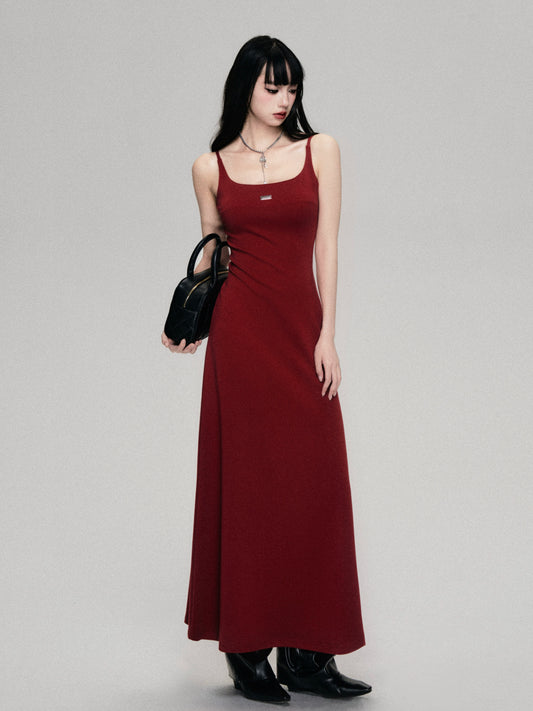 Red Slim Temperament Slip Dress with Retro Elegance