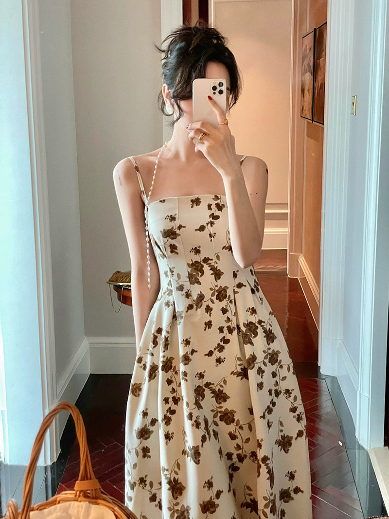 Vino del mediodía Vintage Vintage Spring/Summer Pearl Cuello colgando Correa con cintura envuelta para mostrar Flores delgadas de té Flores Vestidos de longitud media para mujeres