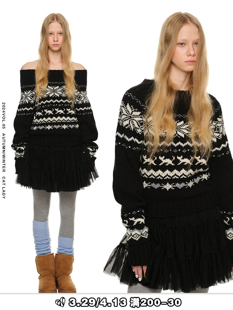 vintage coarse shoulder Fair Isle sweater autumn winter loose christmas top jacket women