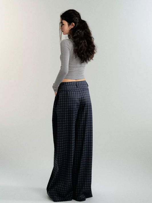 Antique Navy Plaid Wide-Leg Pants with Casual Vibes