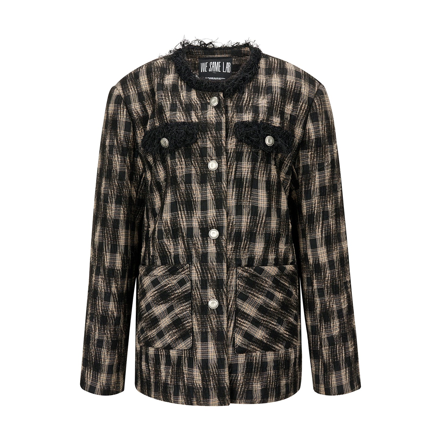 가을과 겨울 새로운 개인화 된 검은 느슨한 짠 격자 무늬 직선 배럴 여성을위한 작은 향기로운 코트