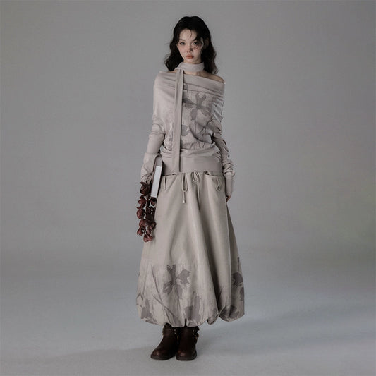 Floating Light Flower Shadow One Shoulder Knit Top