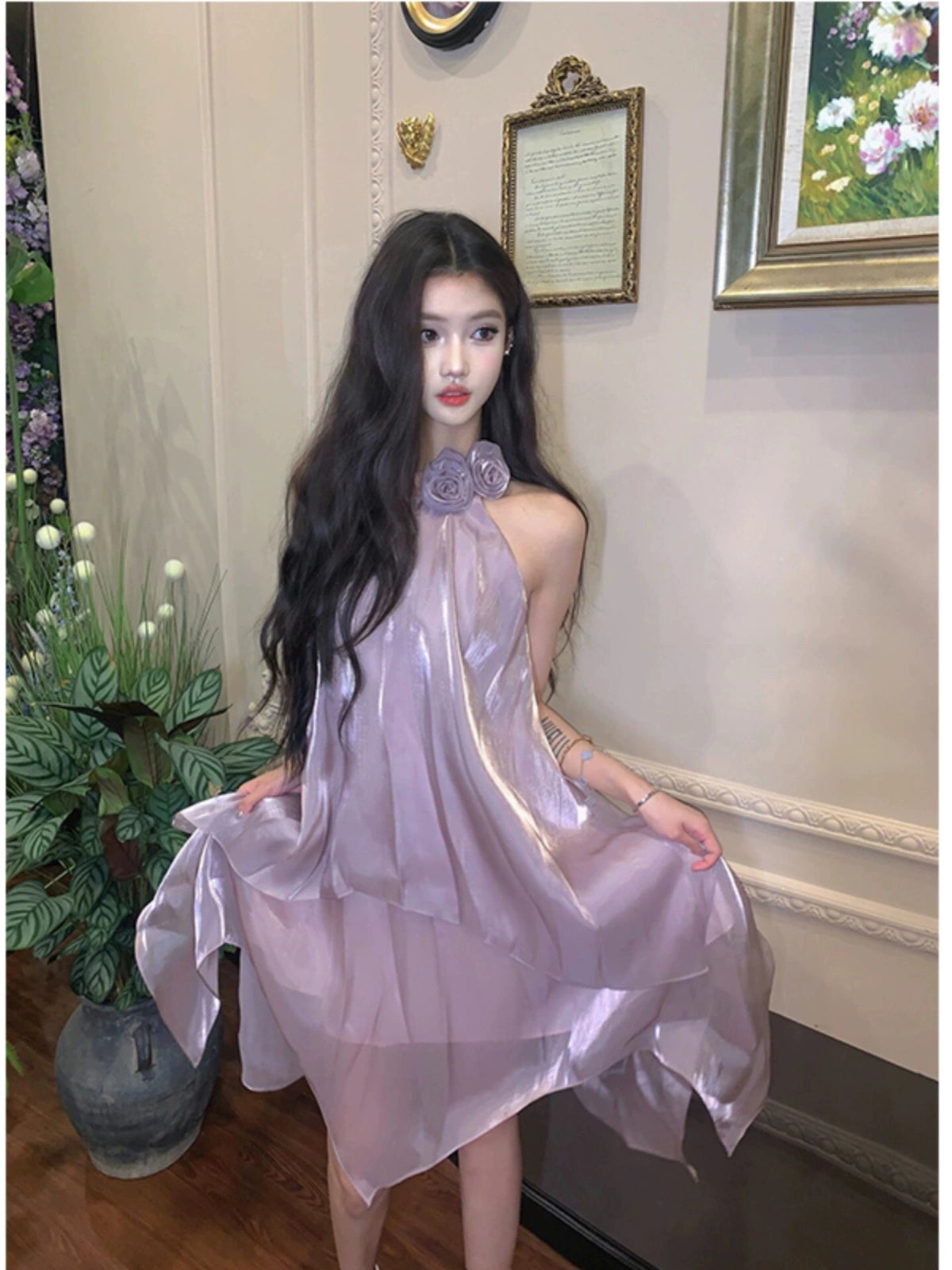 Purple Halterneck Mesh Dress – Celebrity-Inspired Irregular Tulle Skirt