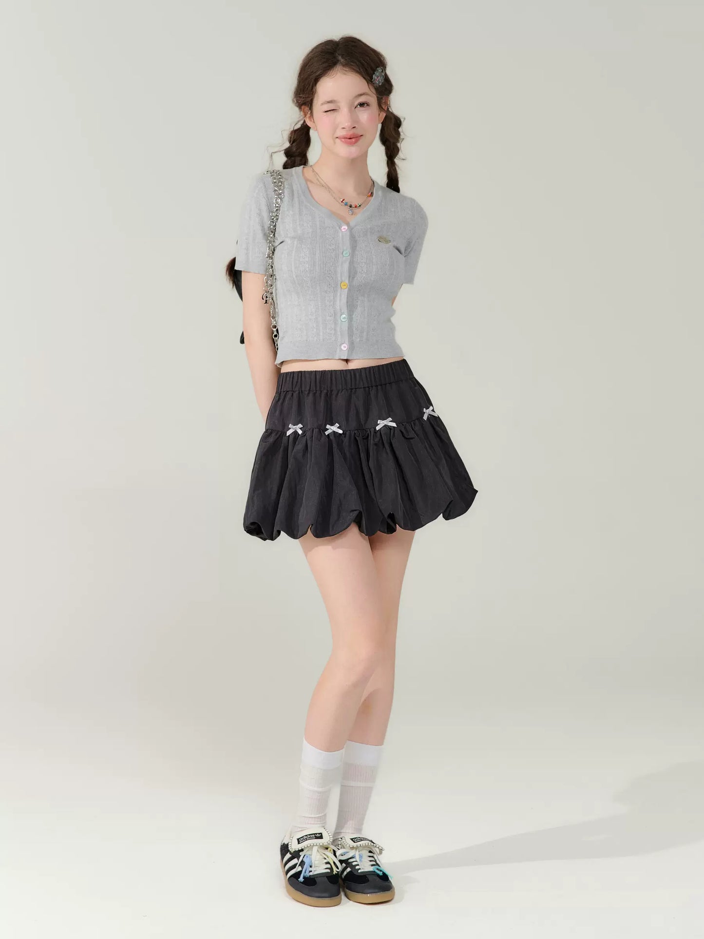 Jupe trapèze en dentelle à nœud | Rétro taille haute, taille élastique, design d'été