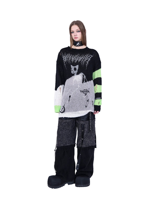 Sphinx Cat Misaligned Stitch Rock Y2K Ripped Sweater