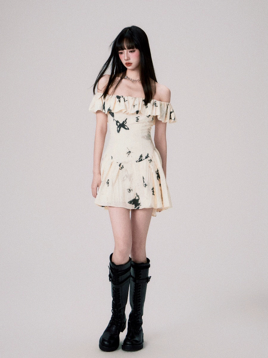 French Ink Butterfly Print Dress - One Shoulder