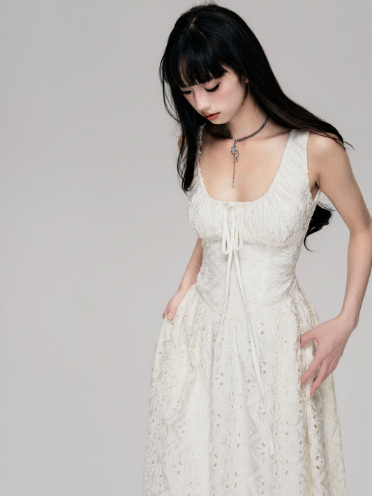 White Moonlight French Embroidered Tencel Long Dress (Sleeveless)