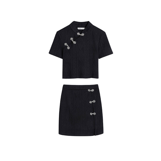 Summer Qipao Two-Piece Set - Knit & Metallic Buckle