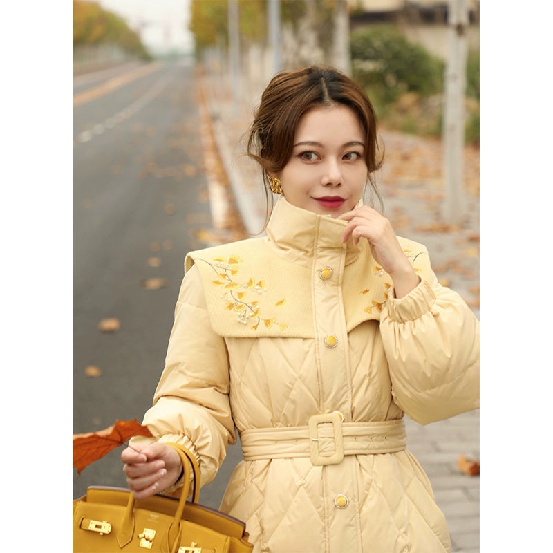Winter Ginkgo Embroidery Waist Down Coat