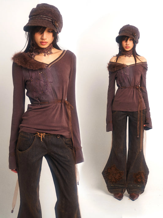 Fur-Collar Knit Long Sleeve Top – Soft Slim Style