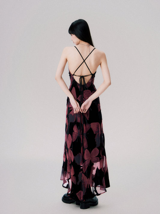 Chinese Velvet Butterfly Dress - Lace-Up Back