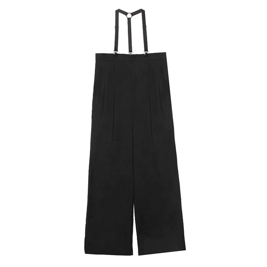 Ultra High Waist Black Strap Pants - Loose Wide Leg