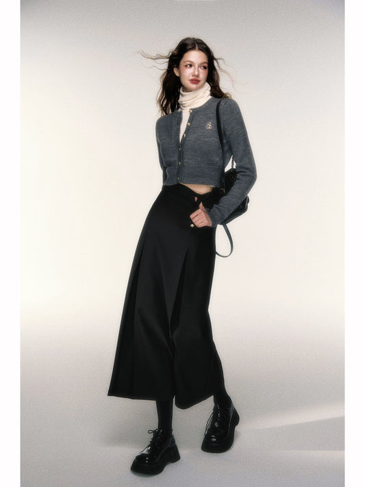 Dark Grey Long Folded Skirt - Small Gold Buttons