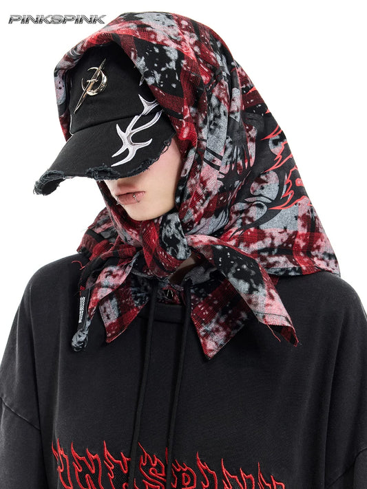 Spray-painted red plaid print unisex Y3K strapless scarf/headscarf