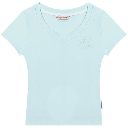 Butterfly Embroidered Slim V-Neck T-Shirt (Retro Style)