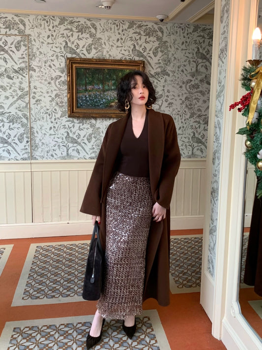 Sequined Skirt Evening Dress with Hollow Braided Design