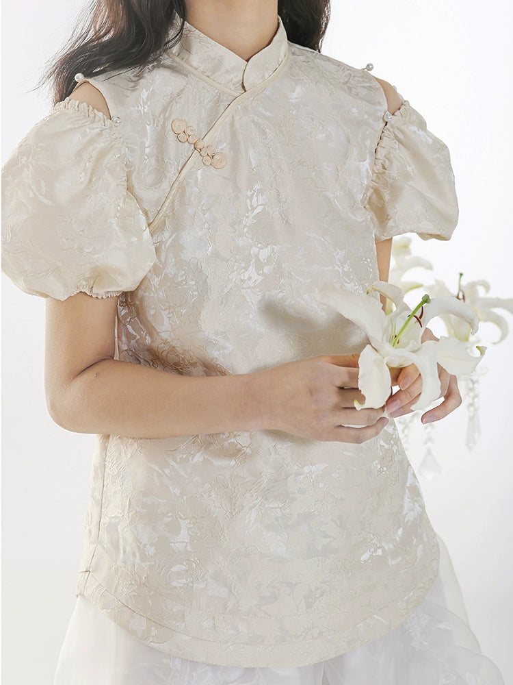 New Chinese Improved Cheongsam Collar Bubble Sleeve Top