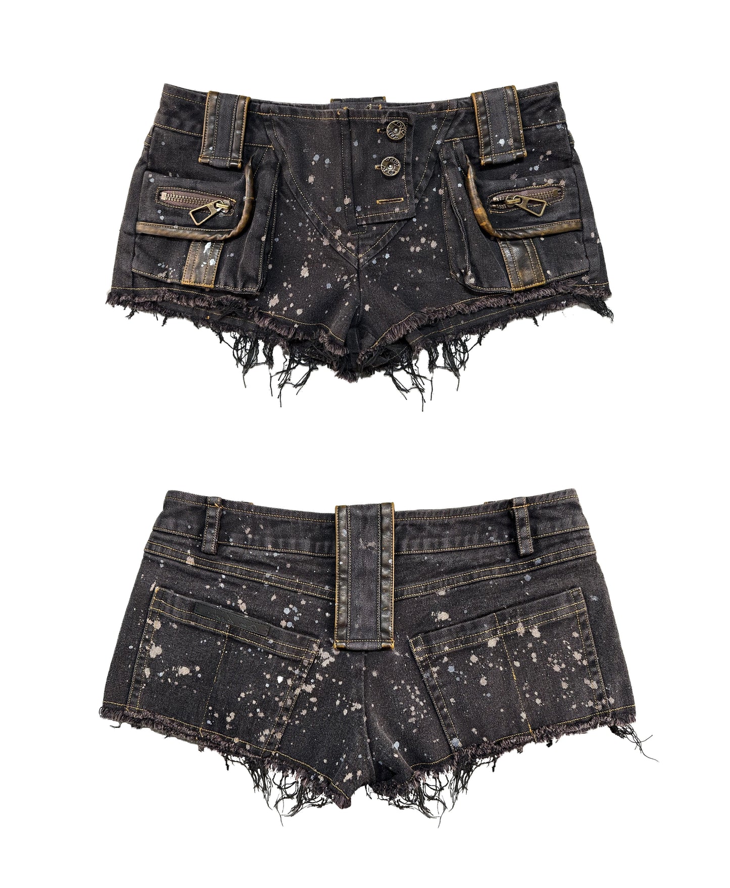 Washed Denim Shorts with Leather Edge