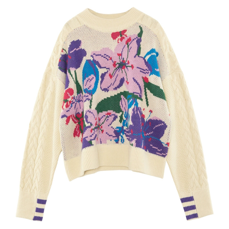 চেরি ফুল টিউলিপ জ্যাকার্ড বেইজ সোয়েটার