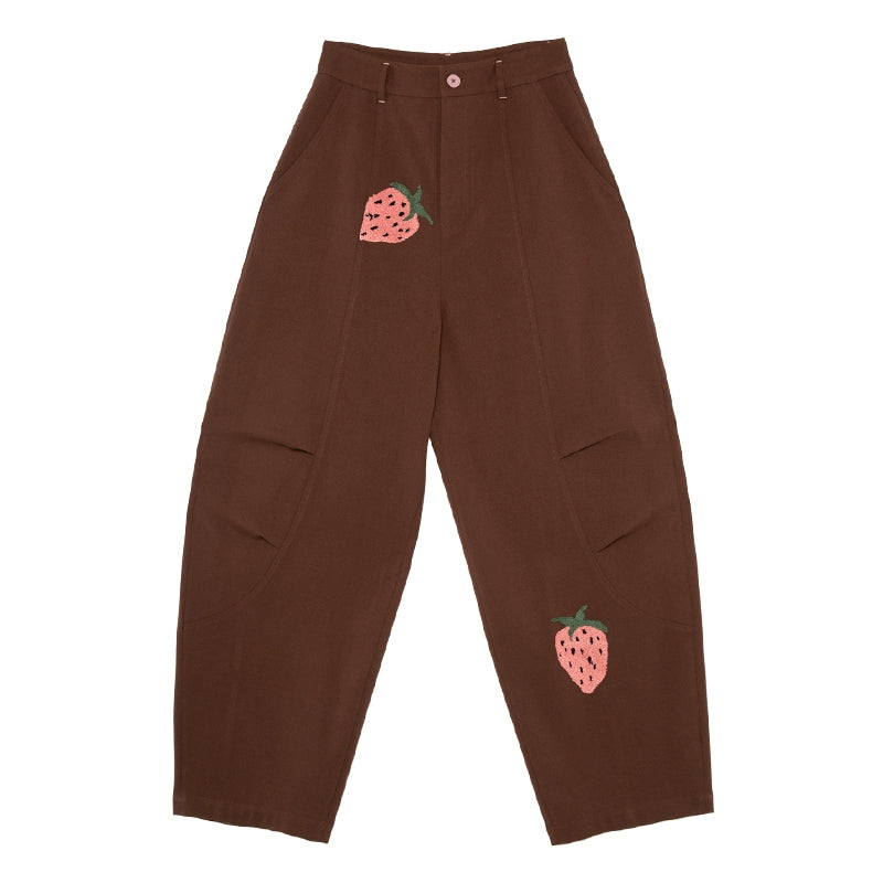 Broderie de fraises: pantalon en laine lâche