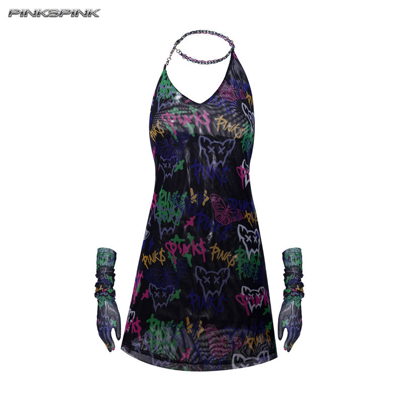 Graffiti Halter-Neck Elastic Punk Y2K Dress – Hot Girl Edition